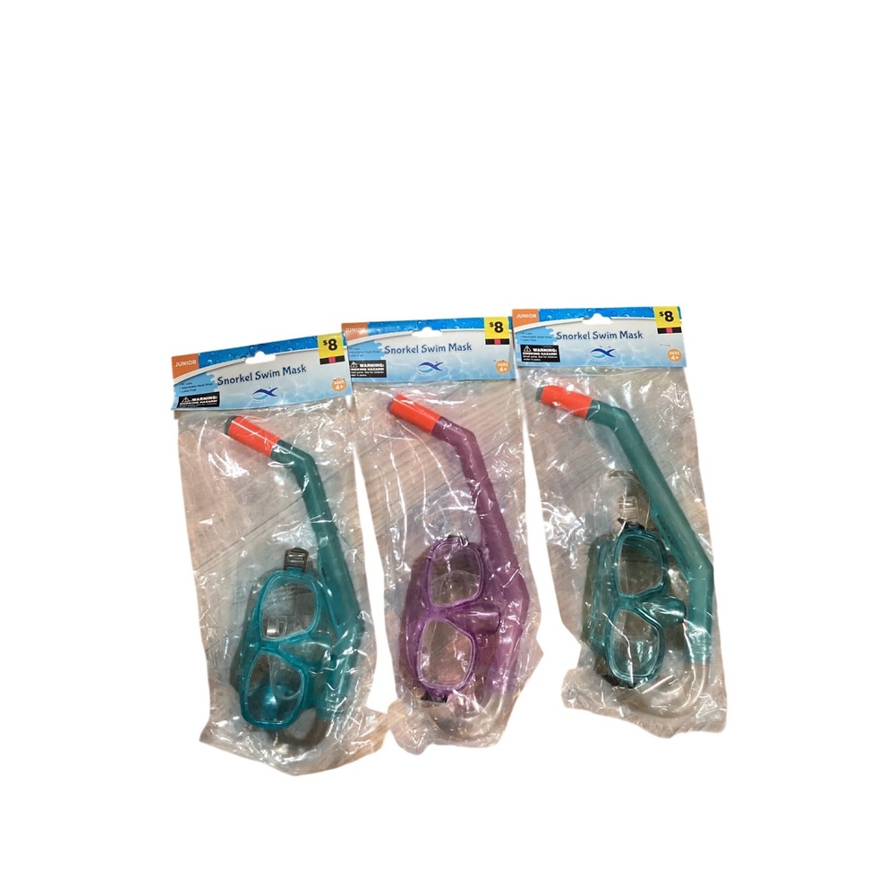 Junior Snorkel Swim Mask Set of 3 Kids Ages 4+‎ Adjustable Strap Teal Purple